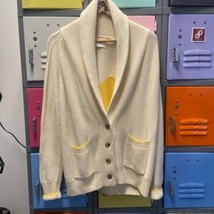 Kerri Rosenthal Cream Women's Cardigan Sweater with Yellow Dripping Heart, L